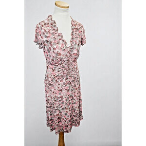 Connected Apparel Sheer Mesh Ruched Dress – Size 6 – Pink & Taupe Dot Print –